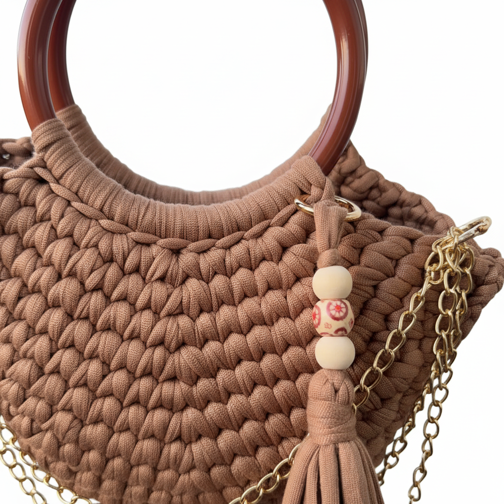Caramel Crochet Bag with Wood Ring Handles - Detail Shot