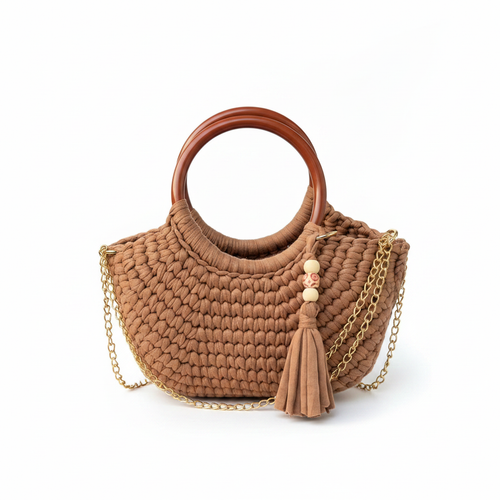 Caramel Crochet Bag with Wood Ring Handles - Full Shot