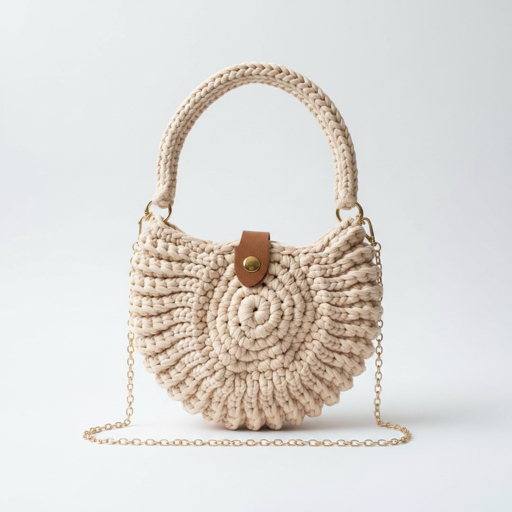 Handmade crochet round handbag in light beige on clean white background – hero product shot
