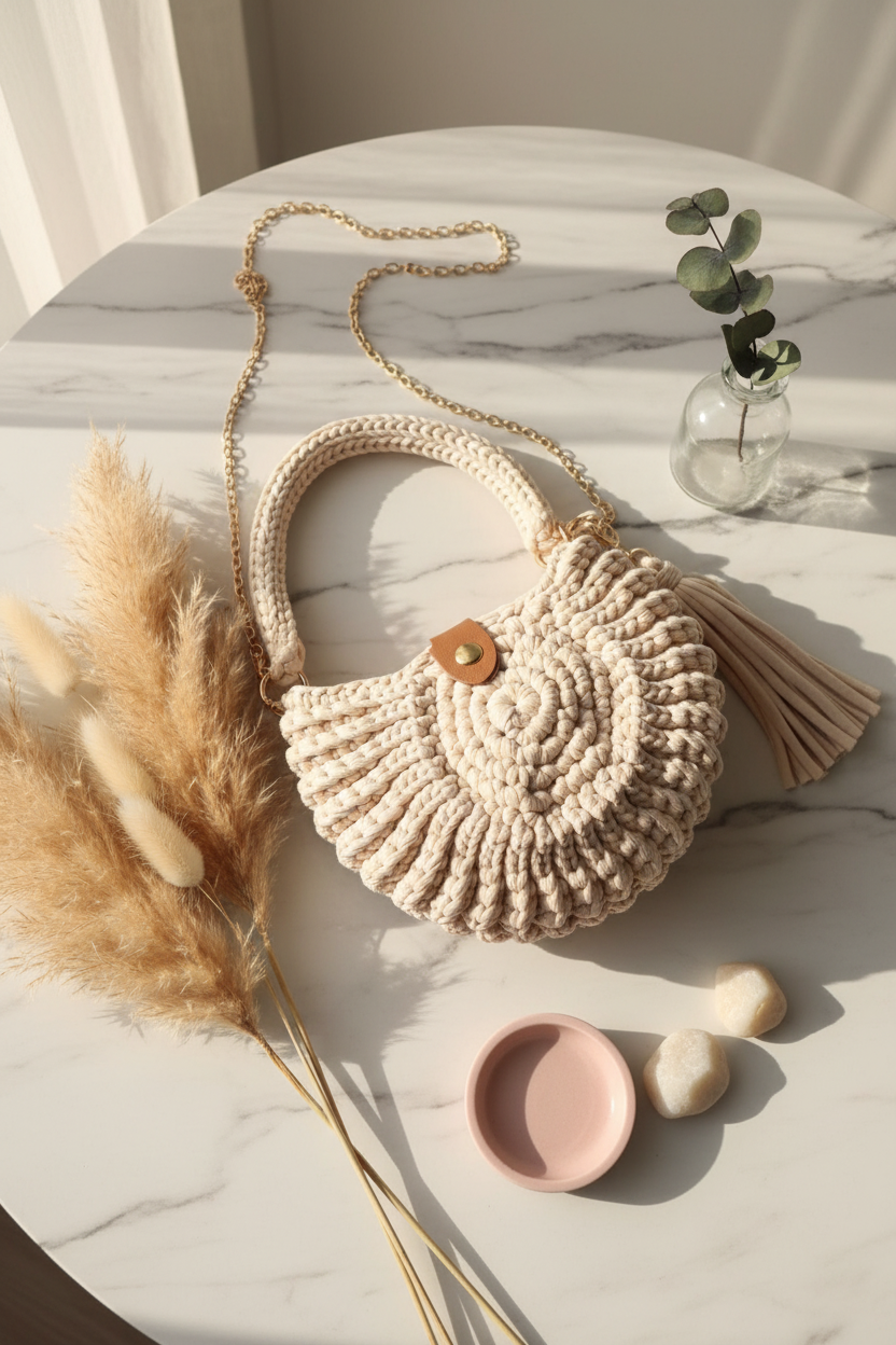 Handmade crochet round handbag styled on marble surface with pampas grass – boutique editorial