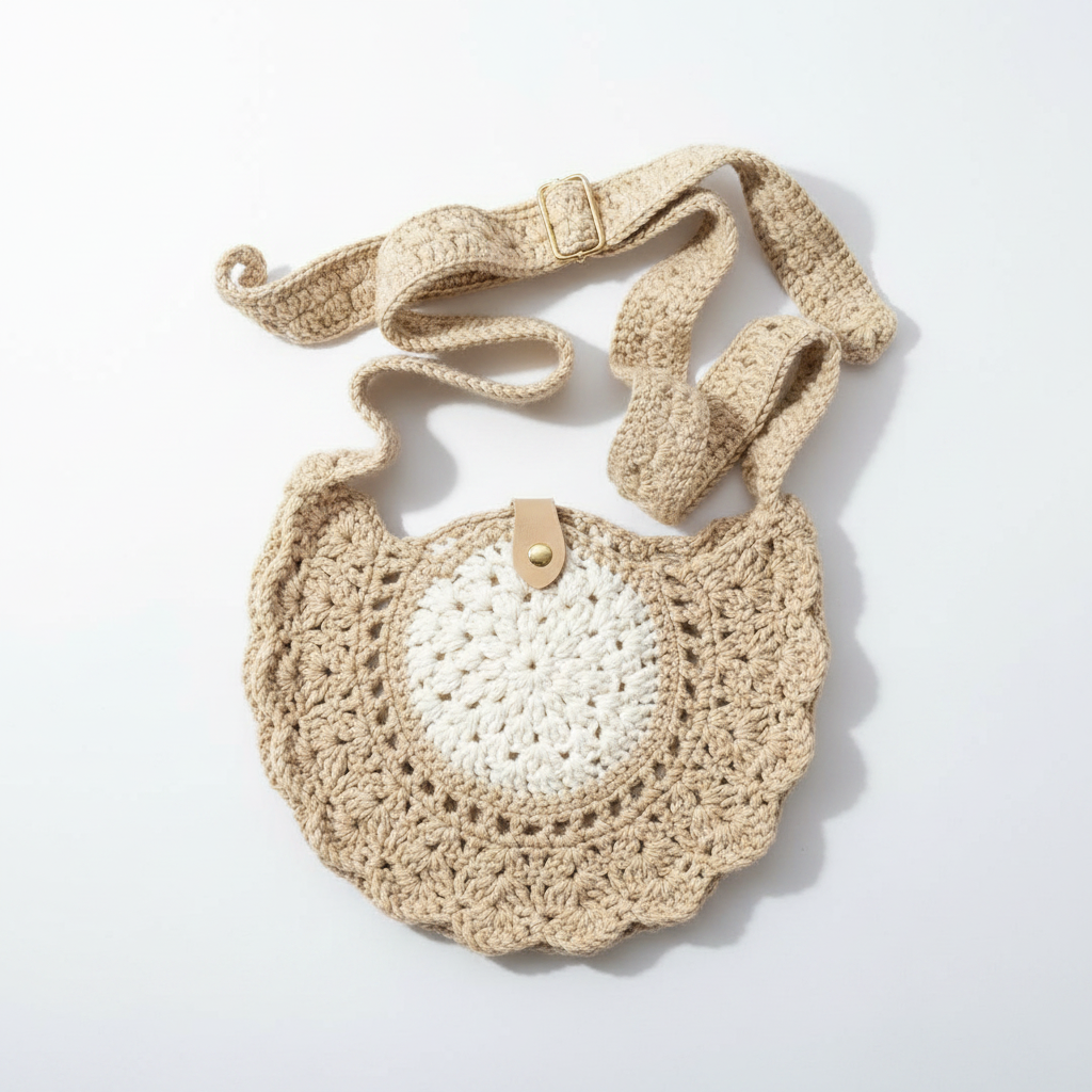 Sand & White Crochet Bag - Full Shot