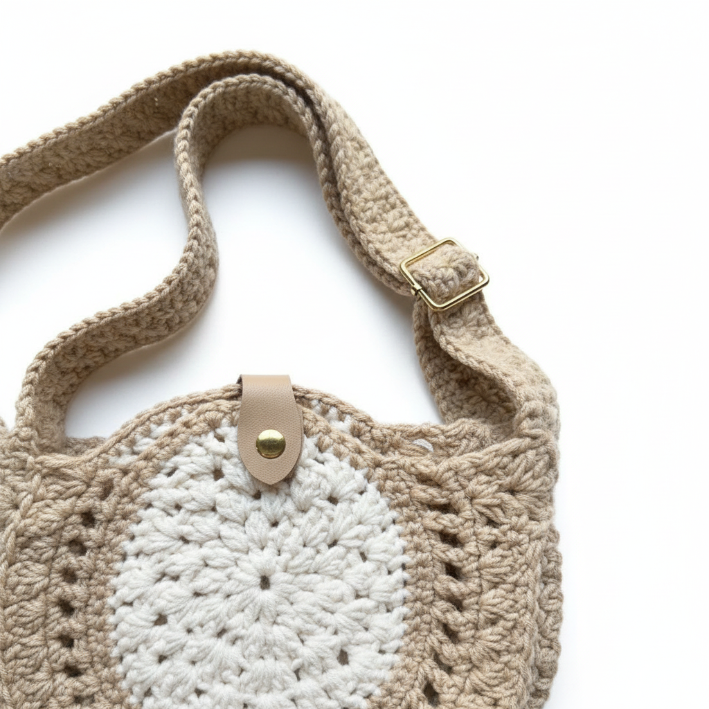 Sand & White Crochet Bag - Hardware Detail